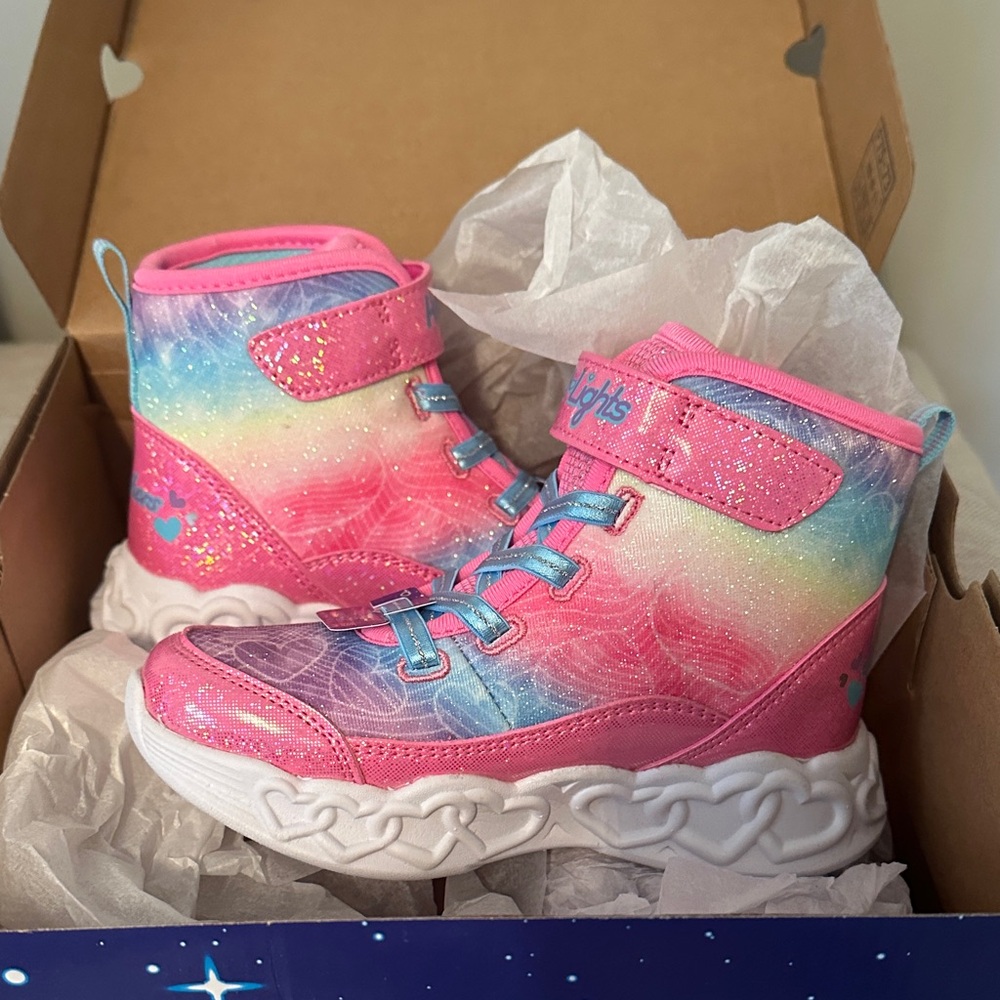 Skechers Heart Lights Blue Box with Neon Hearts